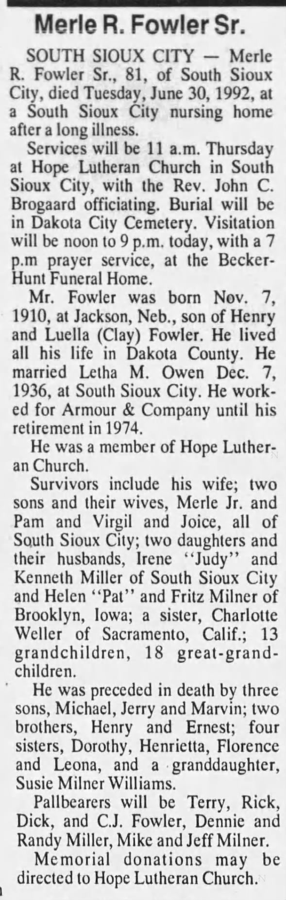 Obituary for Merle R. Fowler, 1910-1992 (Aged 81)